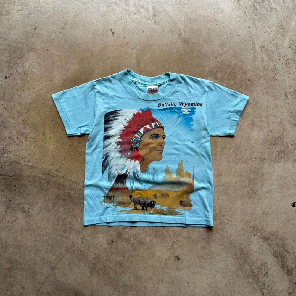 Vintage 90s Kids Youth Oneita Wyoming Native American Graphic Shirt